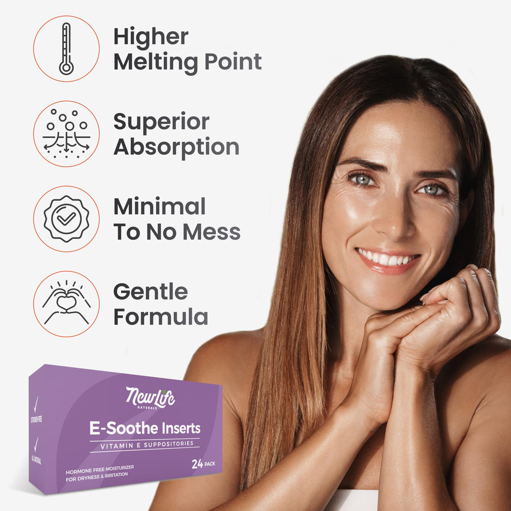 NewLife Naturals Vitamin E Suppositories 38IU vaginal-use hydrates and soothes.