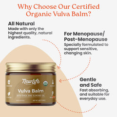 Closeup of NewLife Naturals vulva balm butter jar highlighting natural ingredients for nourished skin.