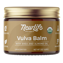 NewLife Naturals vulva balm butter in a jar offering gentle daily moisture.