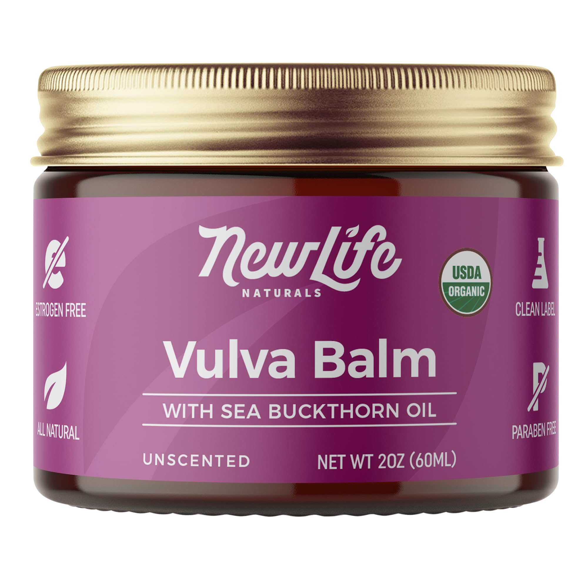 NewLife Naturals vulva balm sea buckthorn bottle showing creamy hydration for external skin comfort
