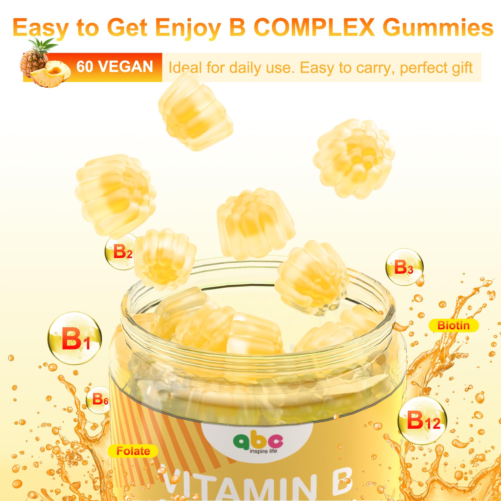 NEWOLITE Vitamin B Complex Gummies ingredients panel, rich B-vitamin blend for daily metabolism.