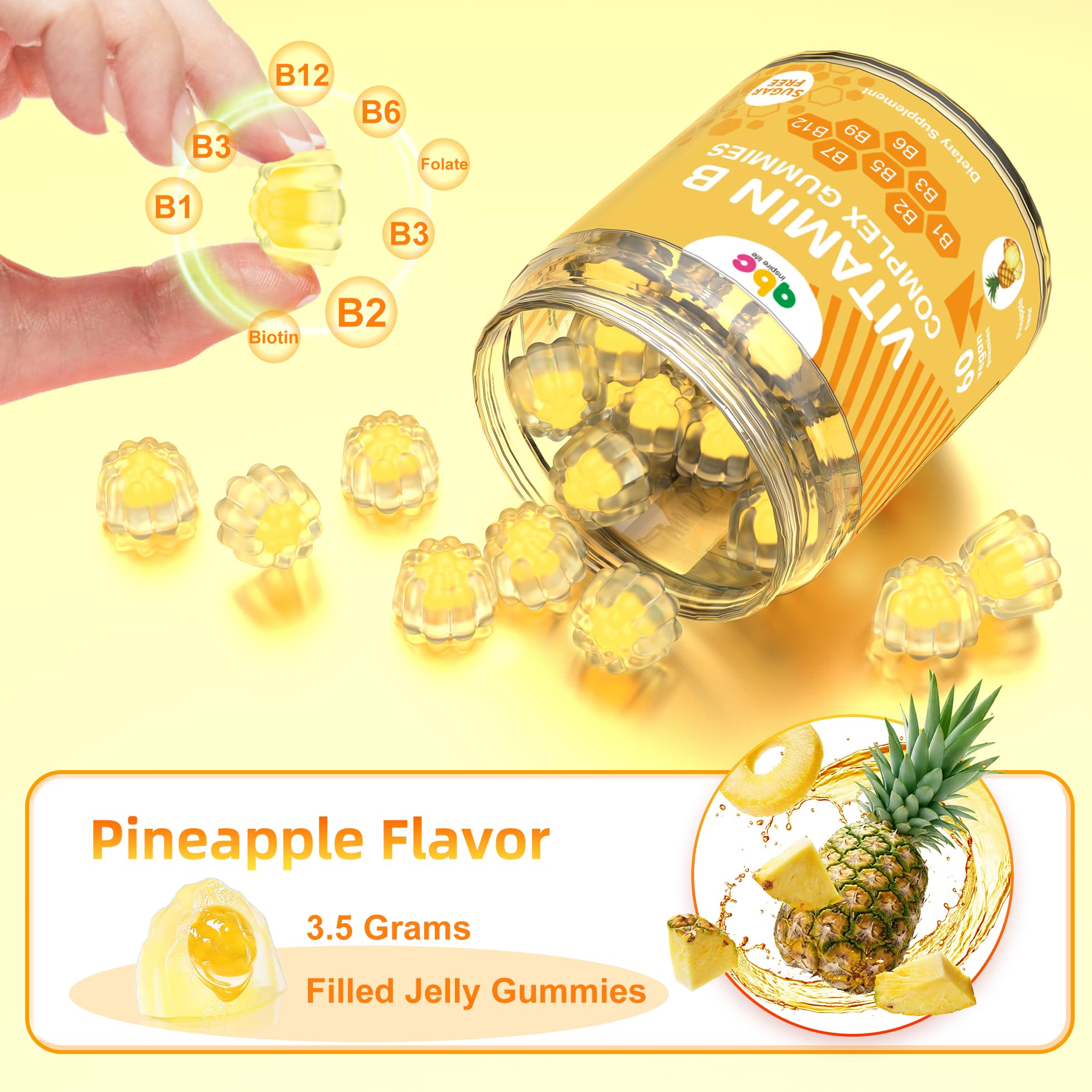 NEWOLITE Vitamin B Complex Gummies close-up, pineapple flavor and easy chew.