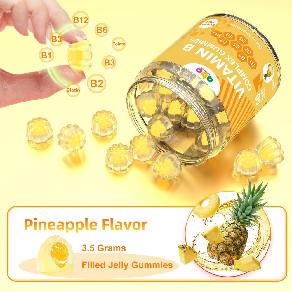 NEWOLITE Vitamin B Complex Gummies close-up, pineapple flavor and easy chew.