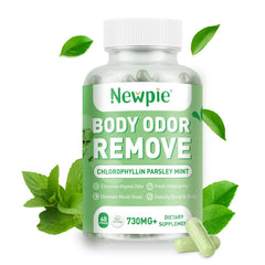 Newpie Chlorophyll Body Deodorizing Supplement bottle front for all-day freshness.