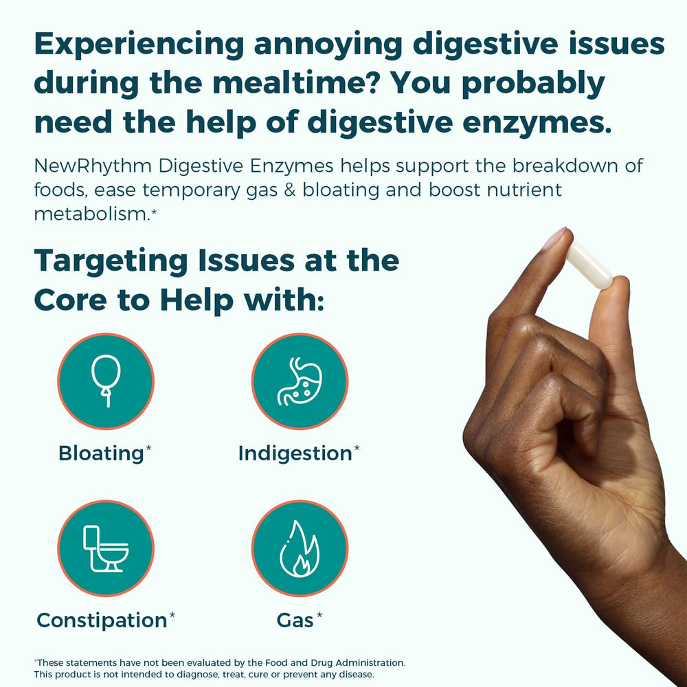 NewRhythm Digestive Enzymes label front highlighting vegan, non-GMO formula
