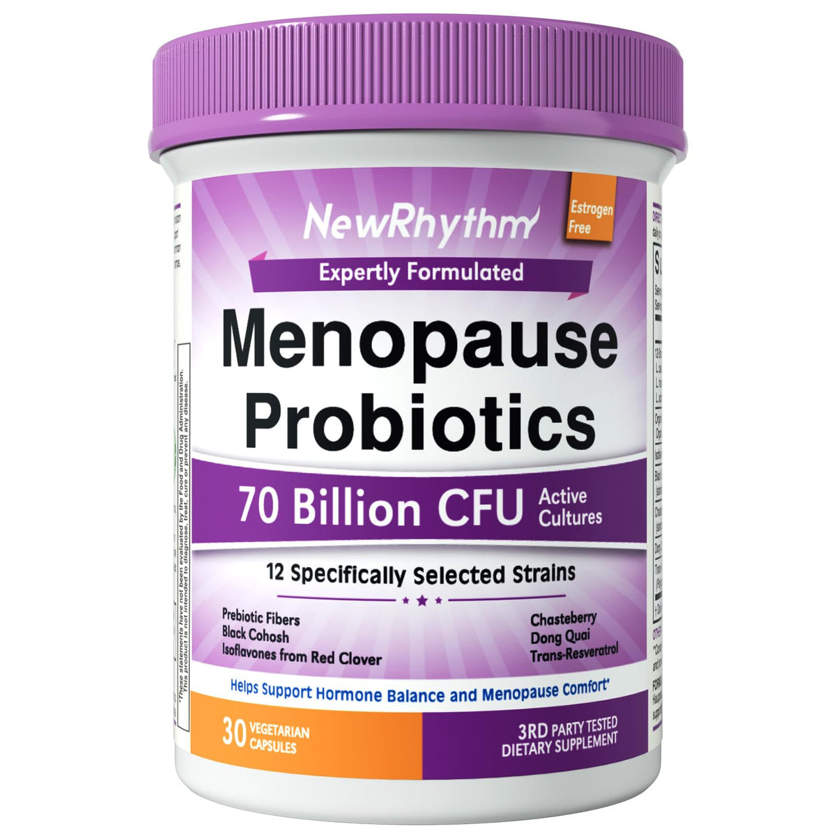 NewRhythm menopause probiotics bottle highlighting 70B cultures for gut balance