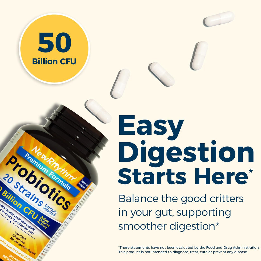 NewRhythm Probiotics with 20 strains label highlights diverse intestinal balance.