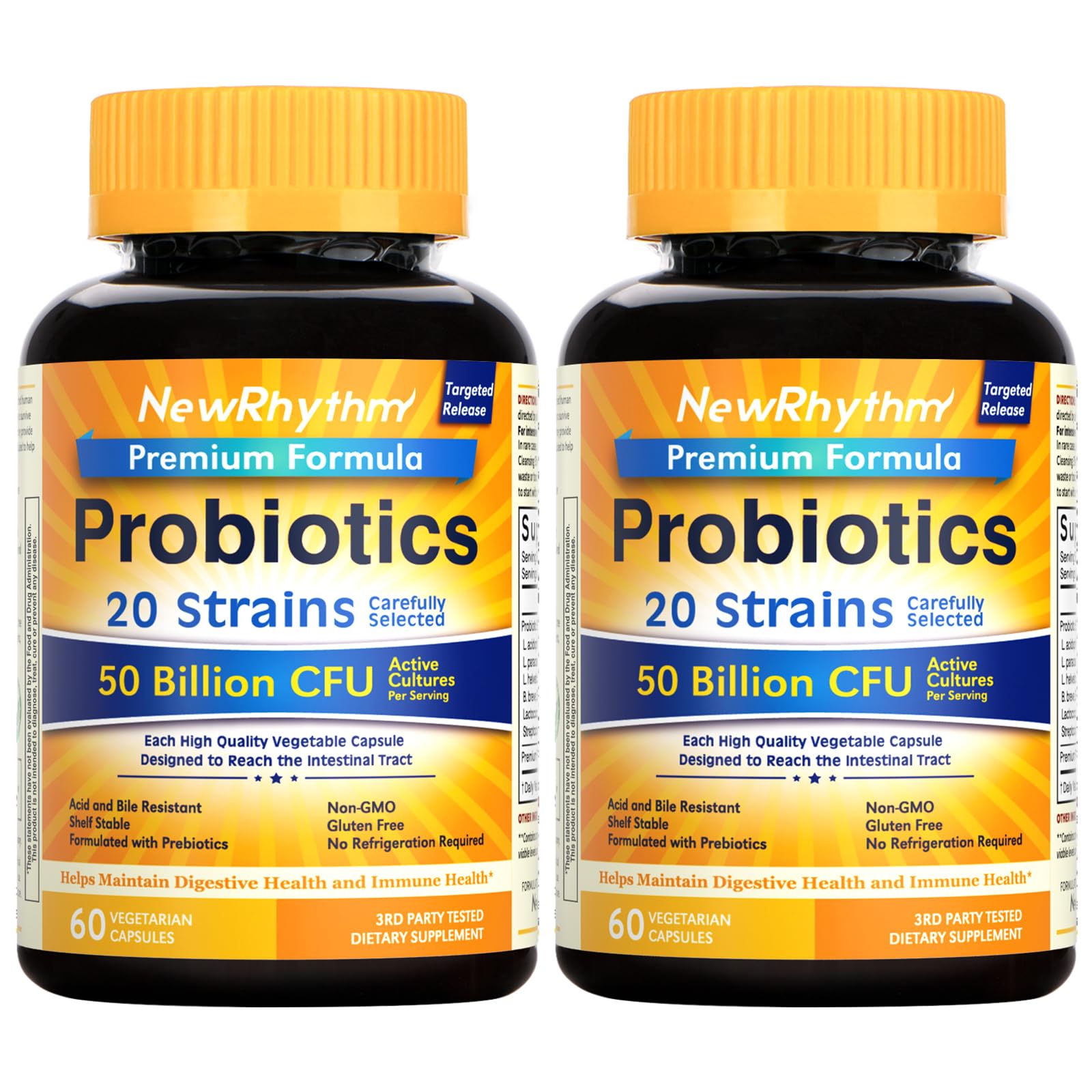 NewRhythm Probiotics bottle image shows daily gut support with convenient capsules.