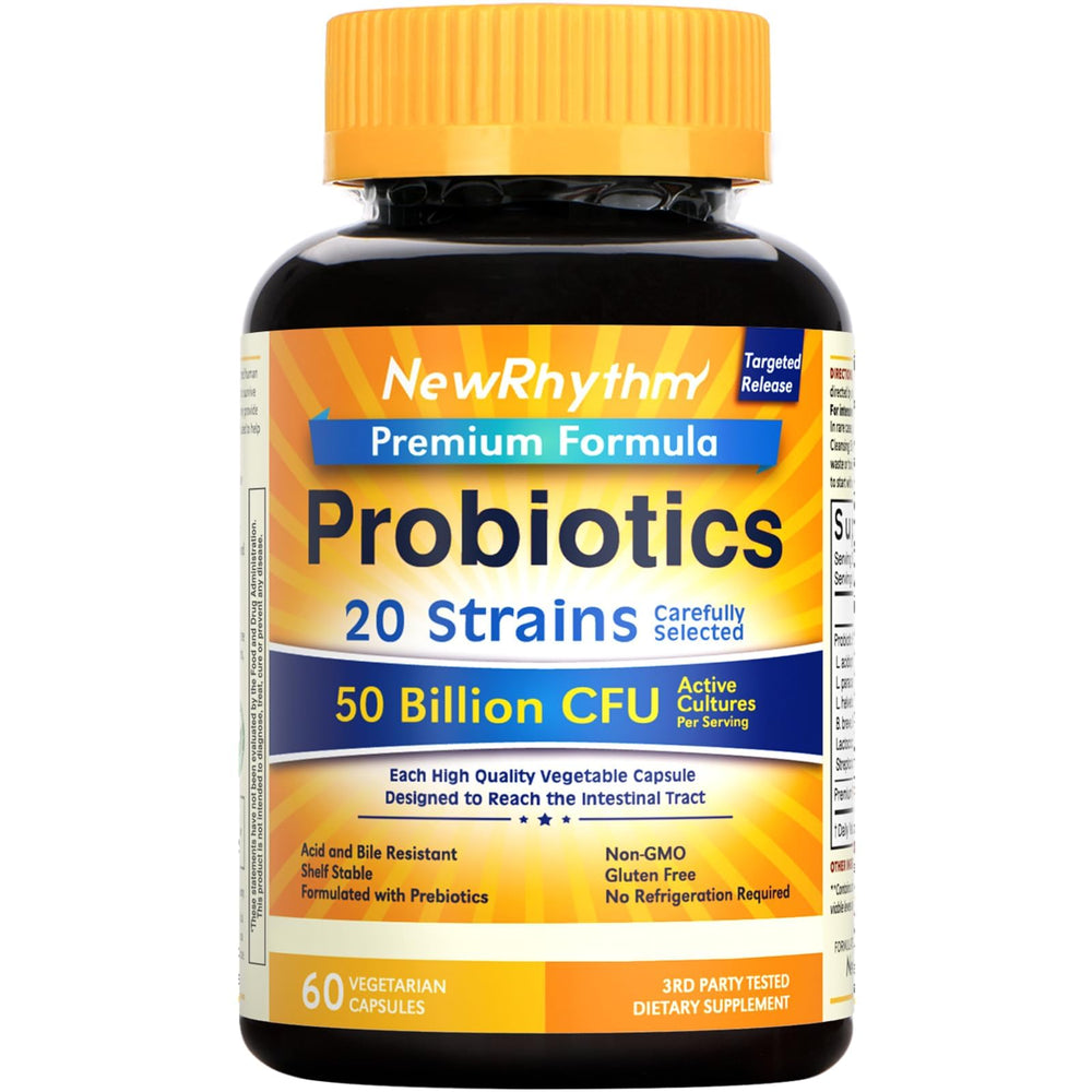 NewRhythm Probiotics 50B bottle shows label; supports daily gut balance.