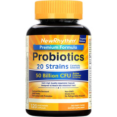 NewRhythm Probiotics bottle shows 50 billion CFU for daily gut support.