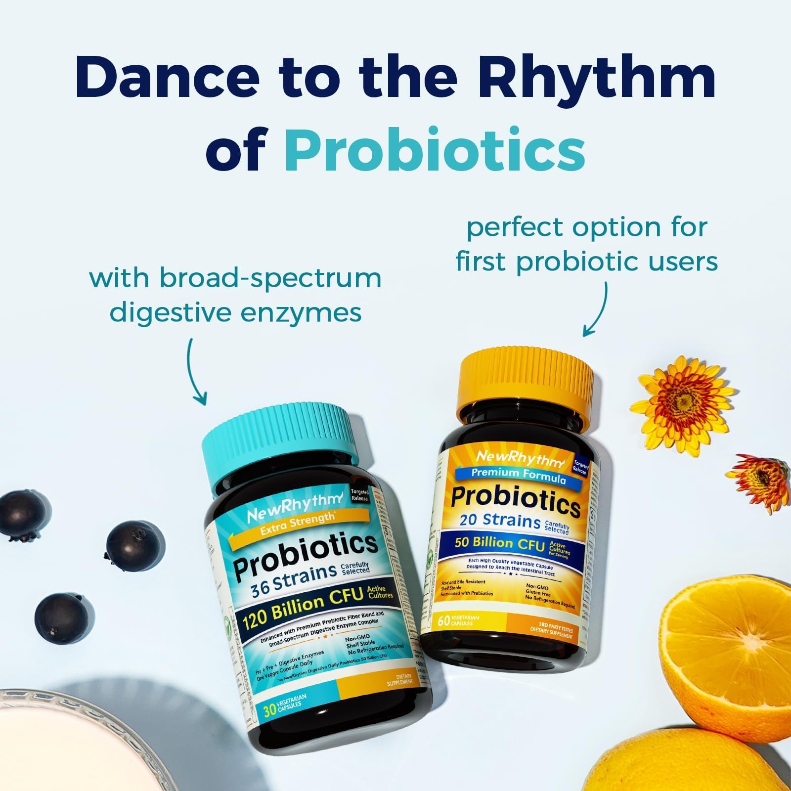 NewRhythm Probiotics non-GMO label emphasizes natural ingredients