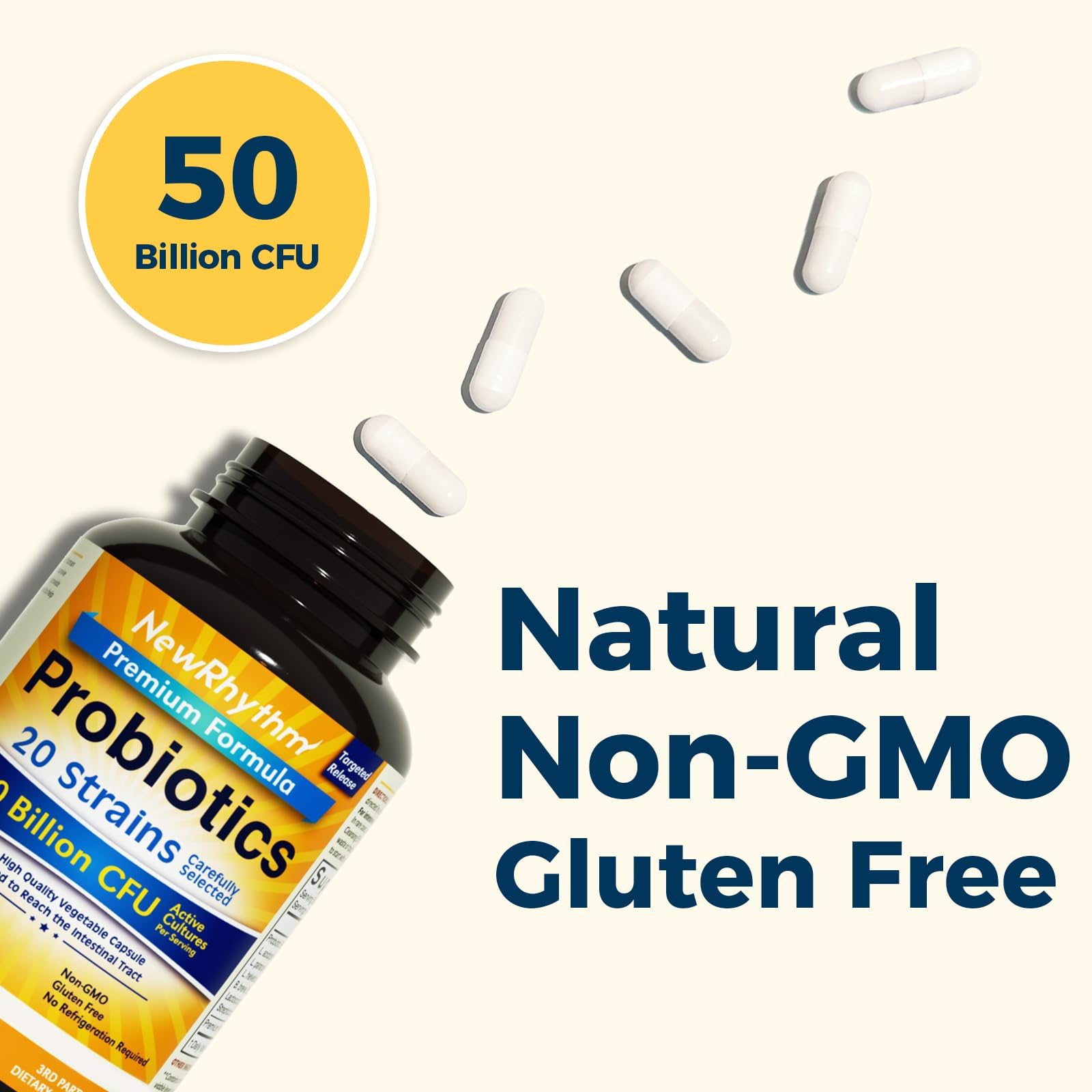 NewRhythm Probiotics close-up illustrates targeted-release technology surviving stomach acid.