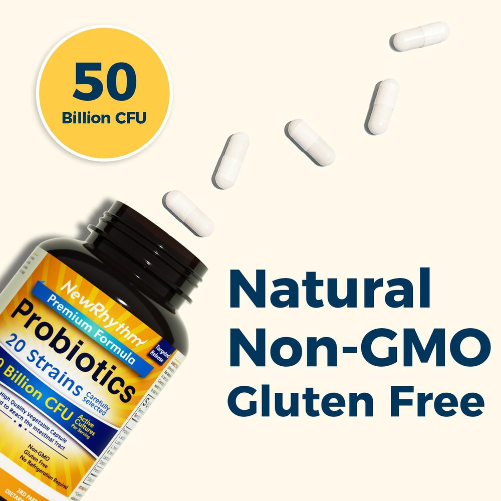 NewRhythm Probiotics close-up illustrates targeted-release technology surviving stomach acid.