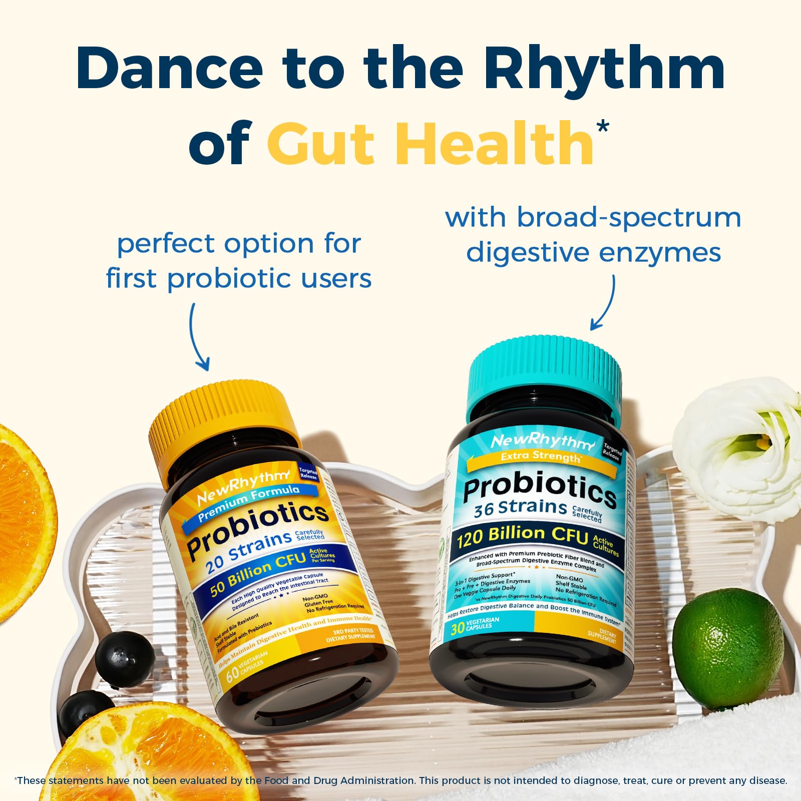 Made in USA stamp on NewRhythm Probiotics packaging highlights GMP quality.