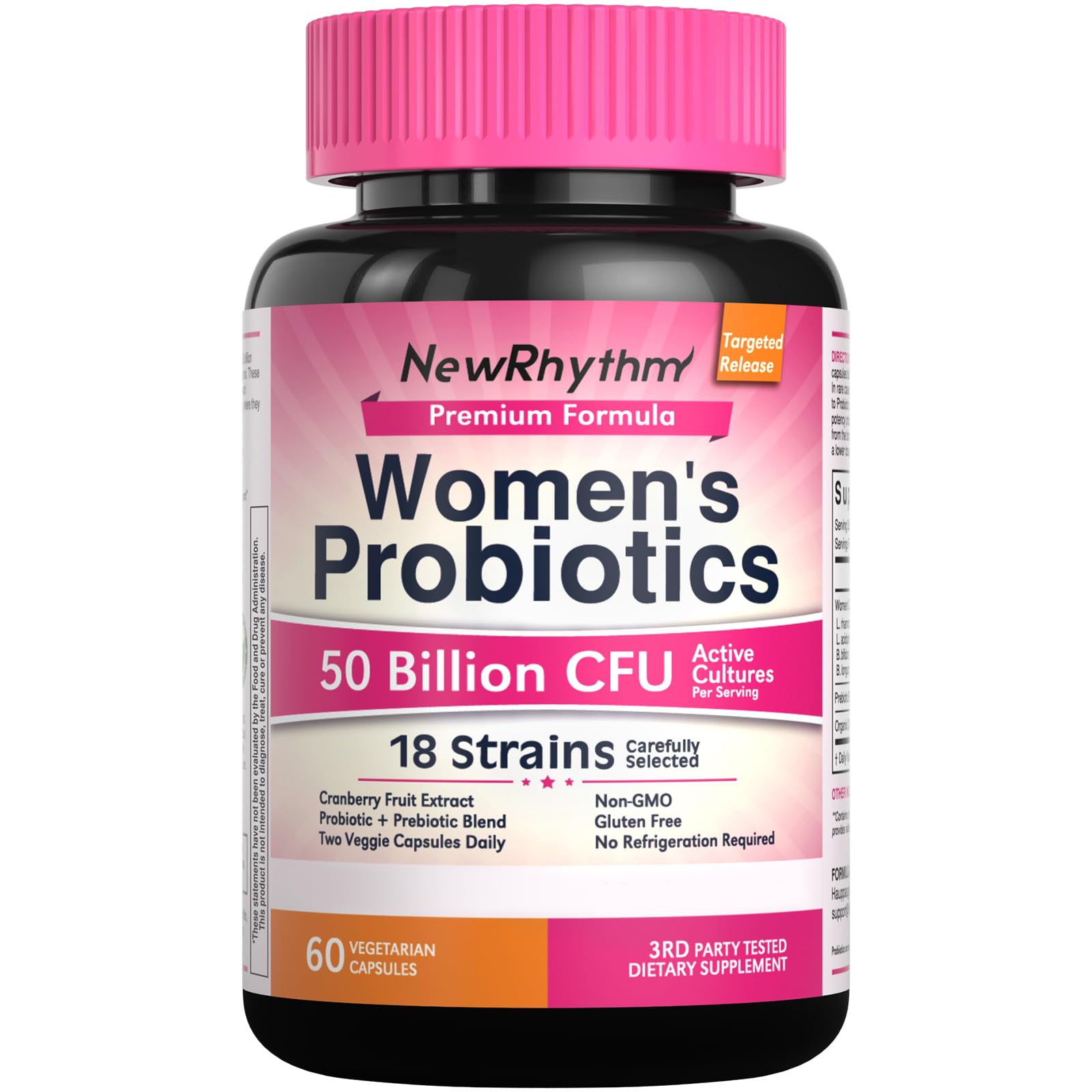 NewRhythm Women’s Probiotics bottle showing label and capsules for daily digestive support