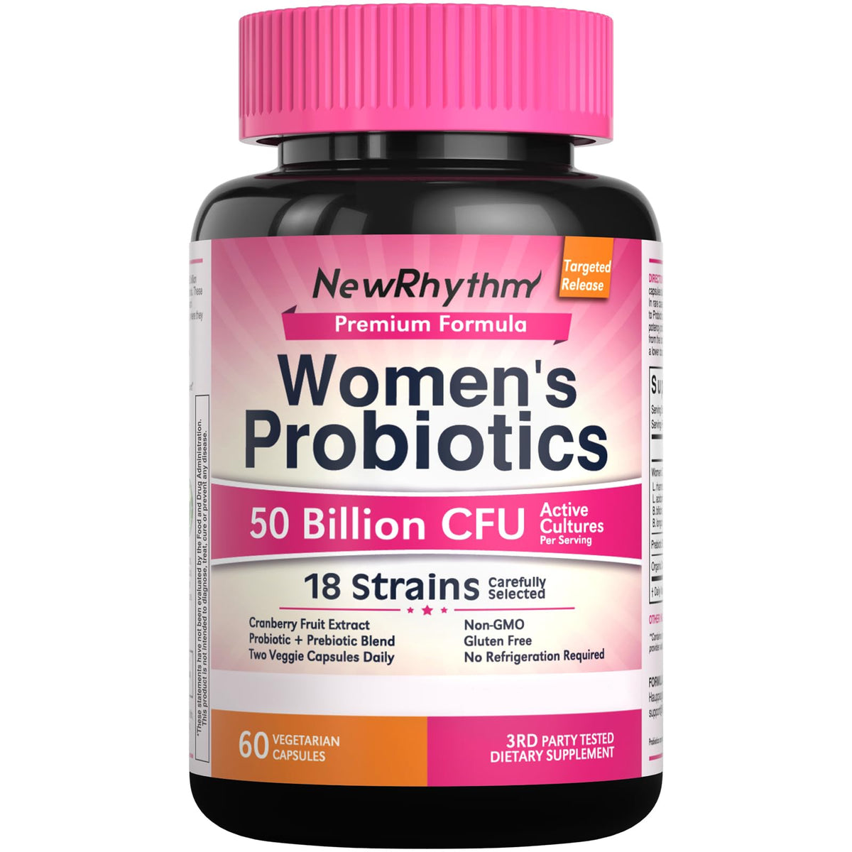 NewRhythm Women’s Probiotics bottle showing label and capsules for daily digestive support