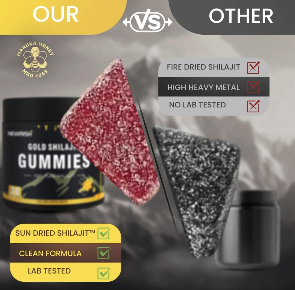 Newrish Shilajit Gummies 30-count pack on a clean desk
