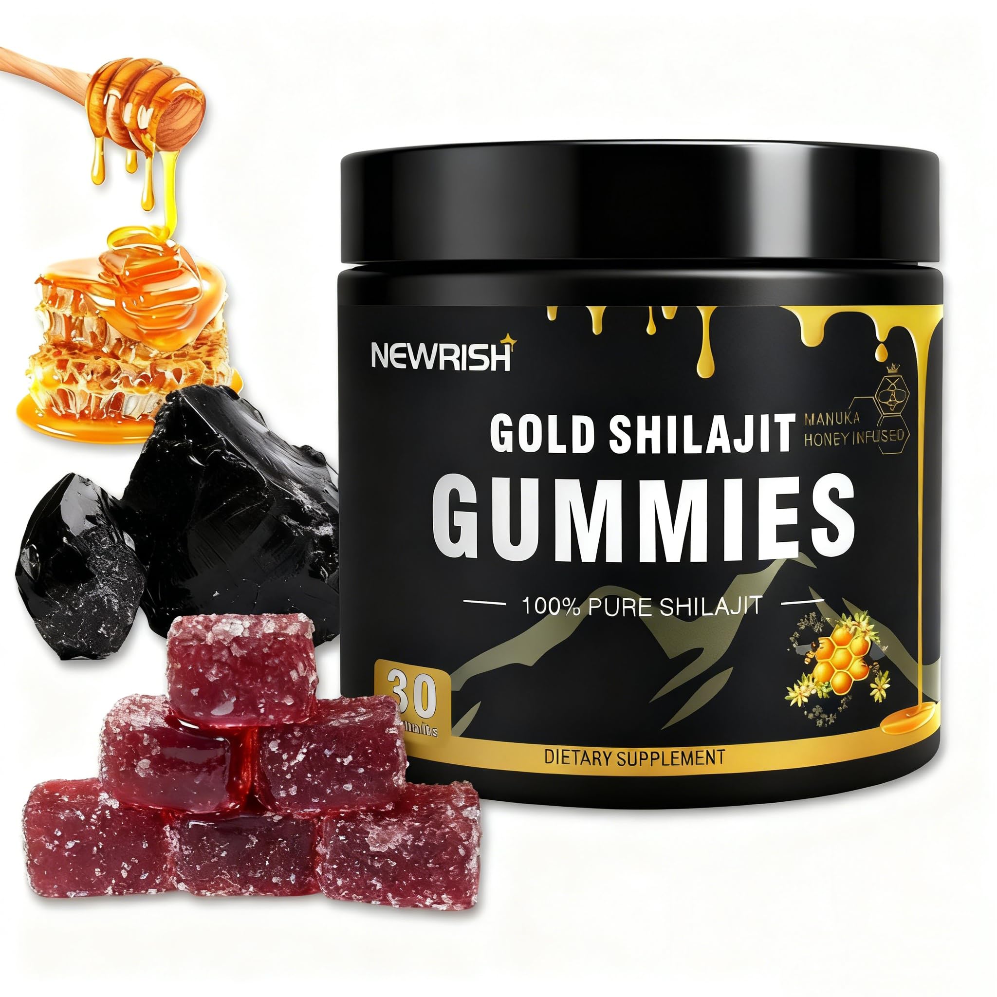 Newrish Shilajit Gummies bottle on white background for convenient daily wellness