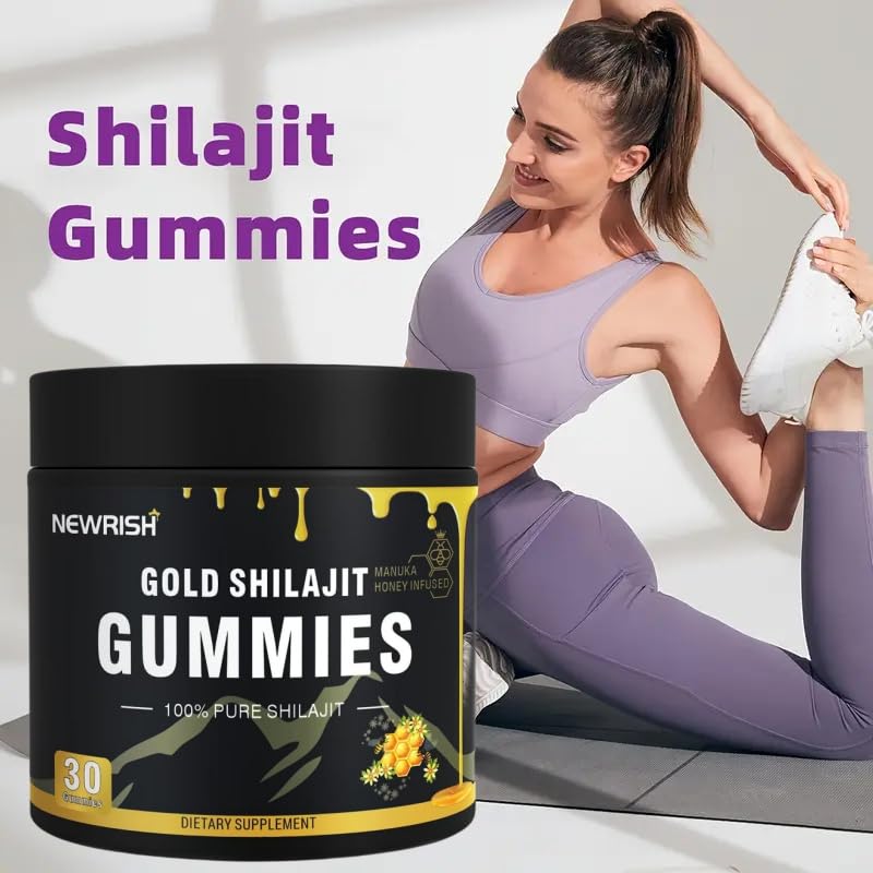 Newrish Shilajit Gummies honey-dip flavor note beside a honey jar