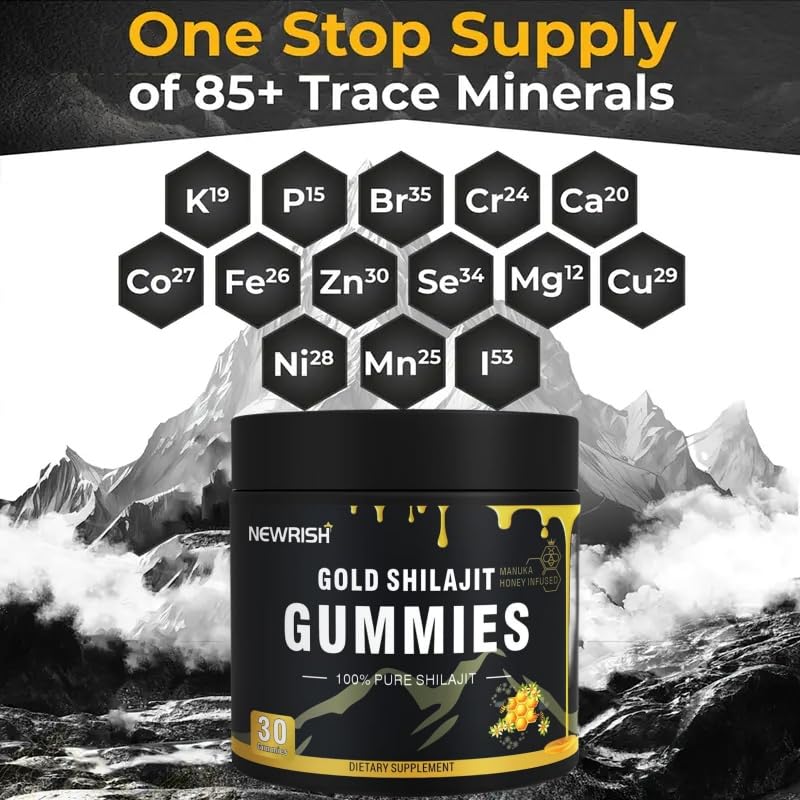 Newrish Shilajit Gummies organic and non-GMO certification visible