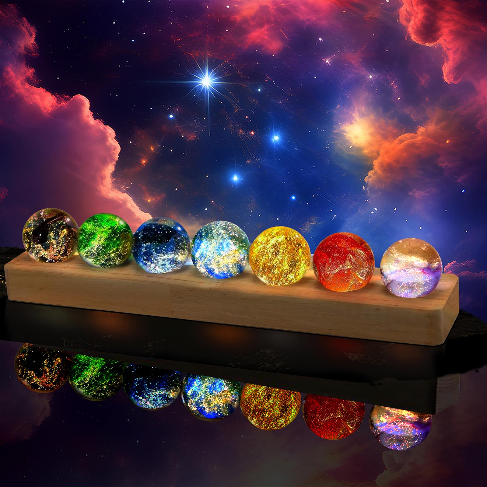 NewRiu 7 Chakra spheres on a wooden stand radiate a calming glow for meditation