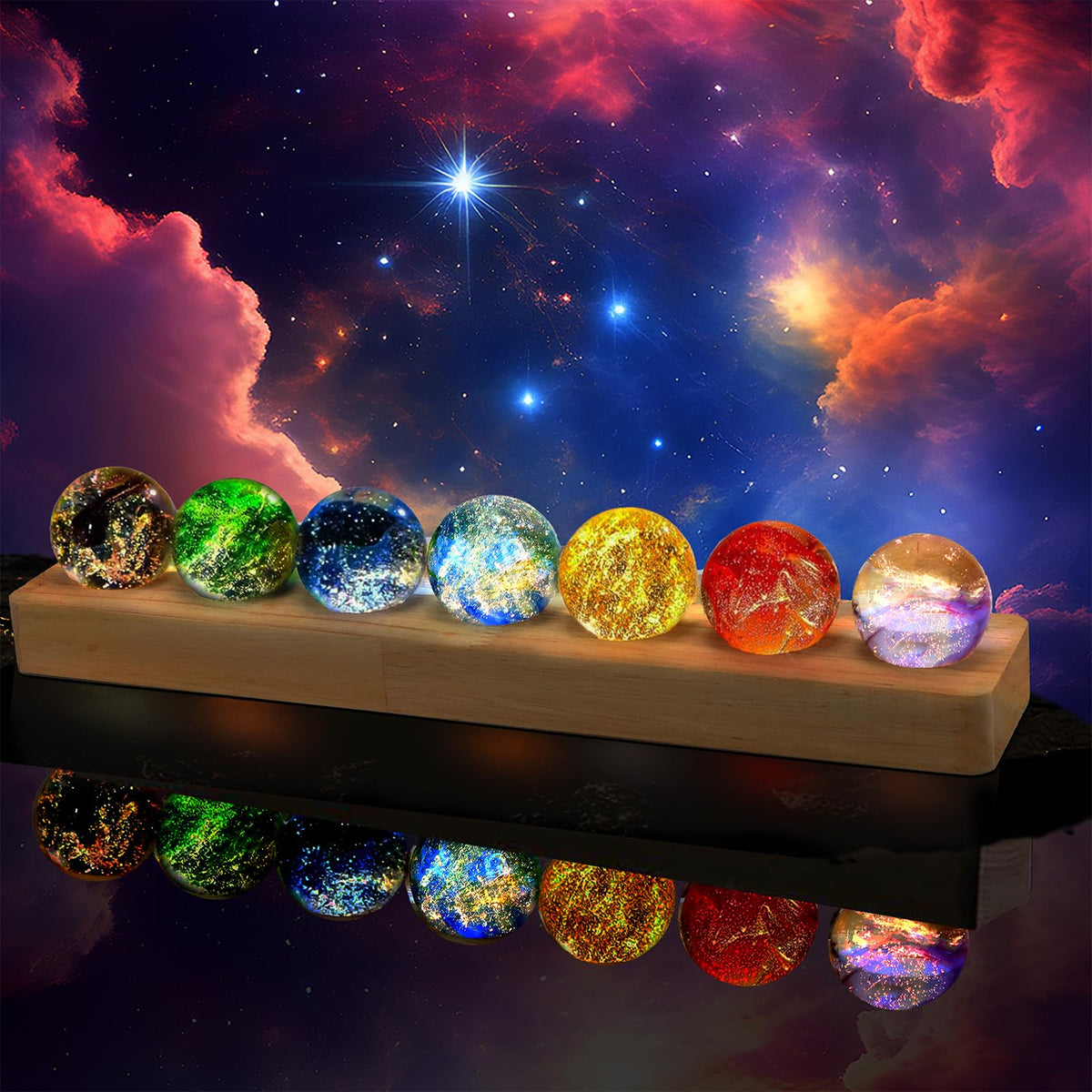 NewRiu 7 Chakra spheres on a wooden stand radiate a calming glow for meditation