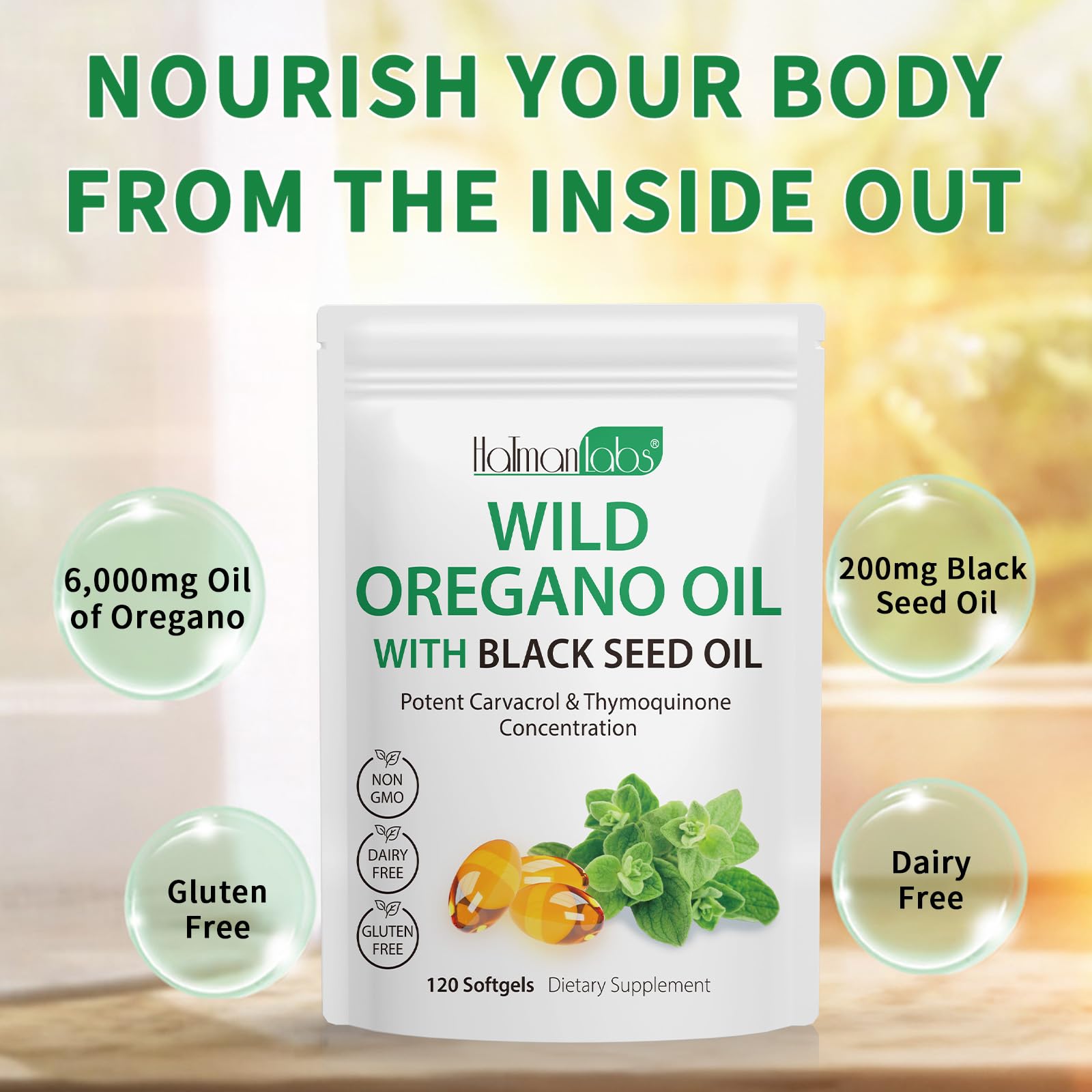 Newseel 2-in-1 oregano and black seed softgels ready to use.