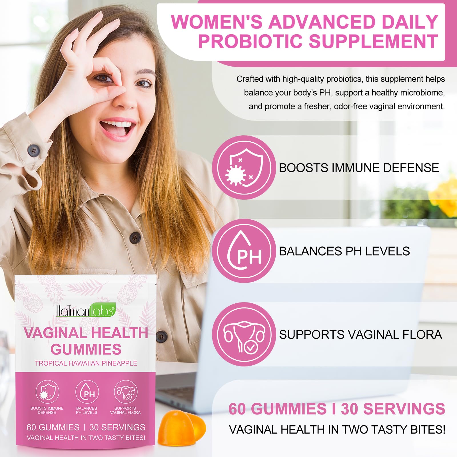 newseel Vaginal Probiotics Gummies vegan gluten-free halal-friendly icons.