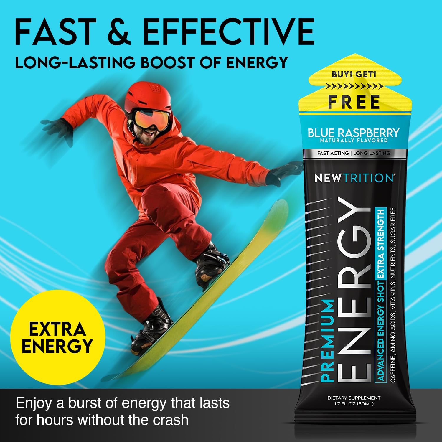 NewTrition 250 mg caffeine dosage delivers fast, long-lasting alertness during workouts.