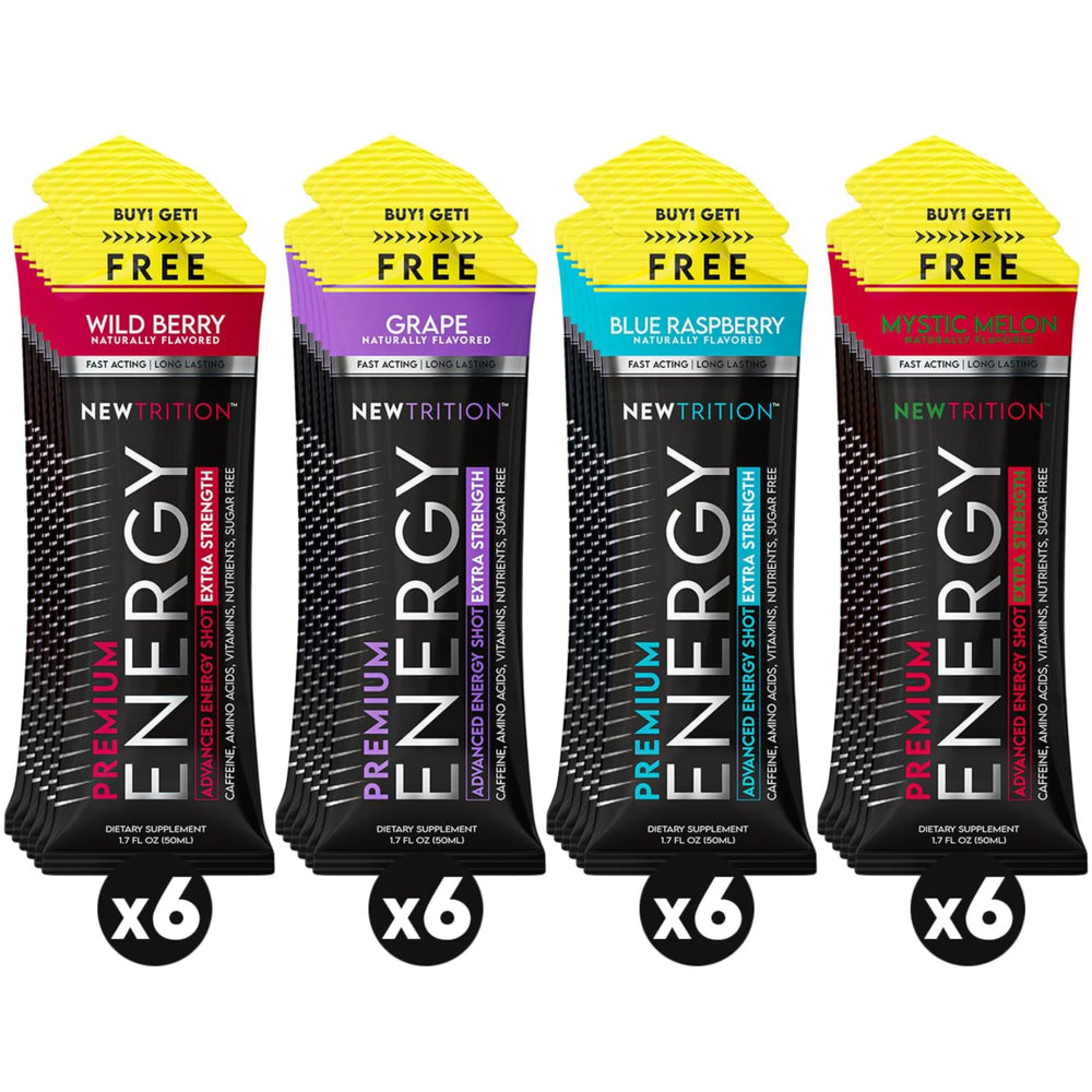 NewTrition blue raspberry energy shot bottle boosts focus during study sessions.