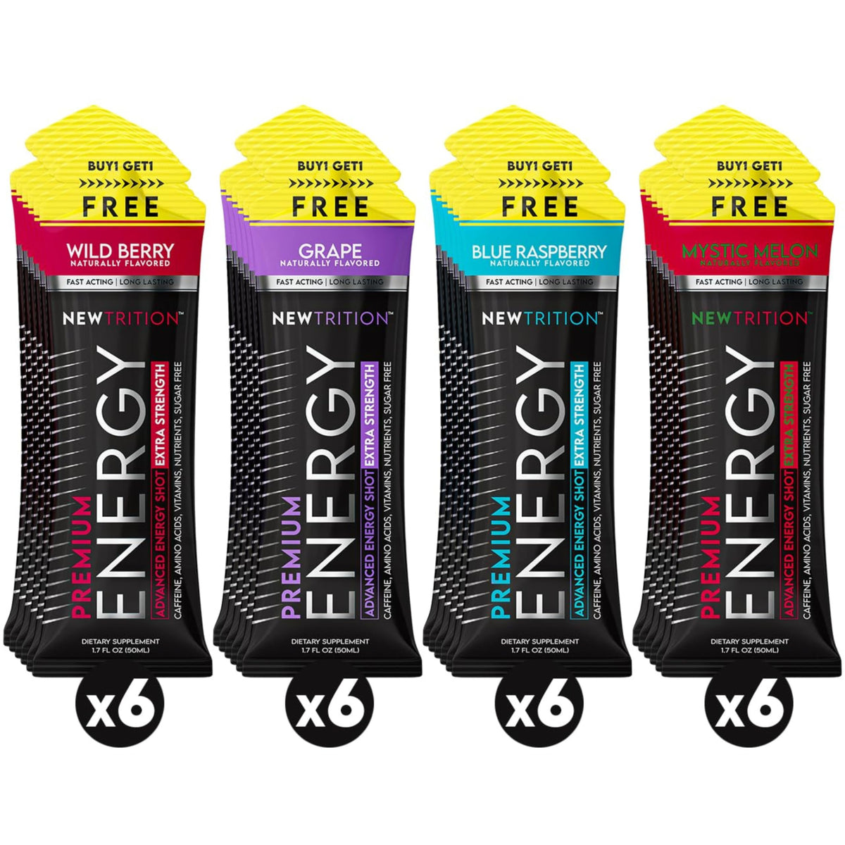 NewTrition blue raspberry energy shot bottle boosts focus during study sessions.