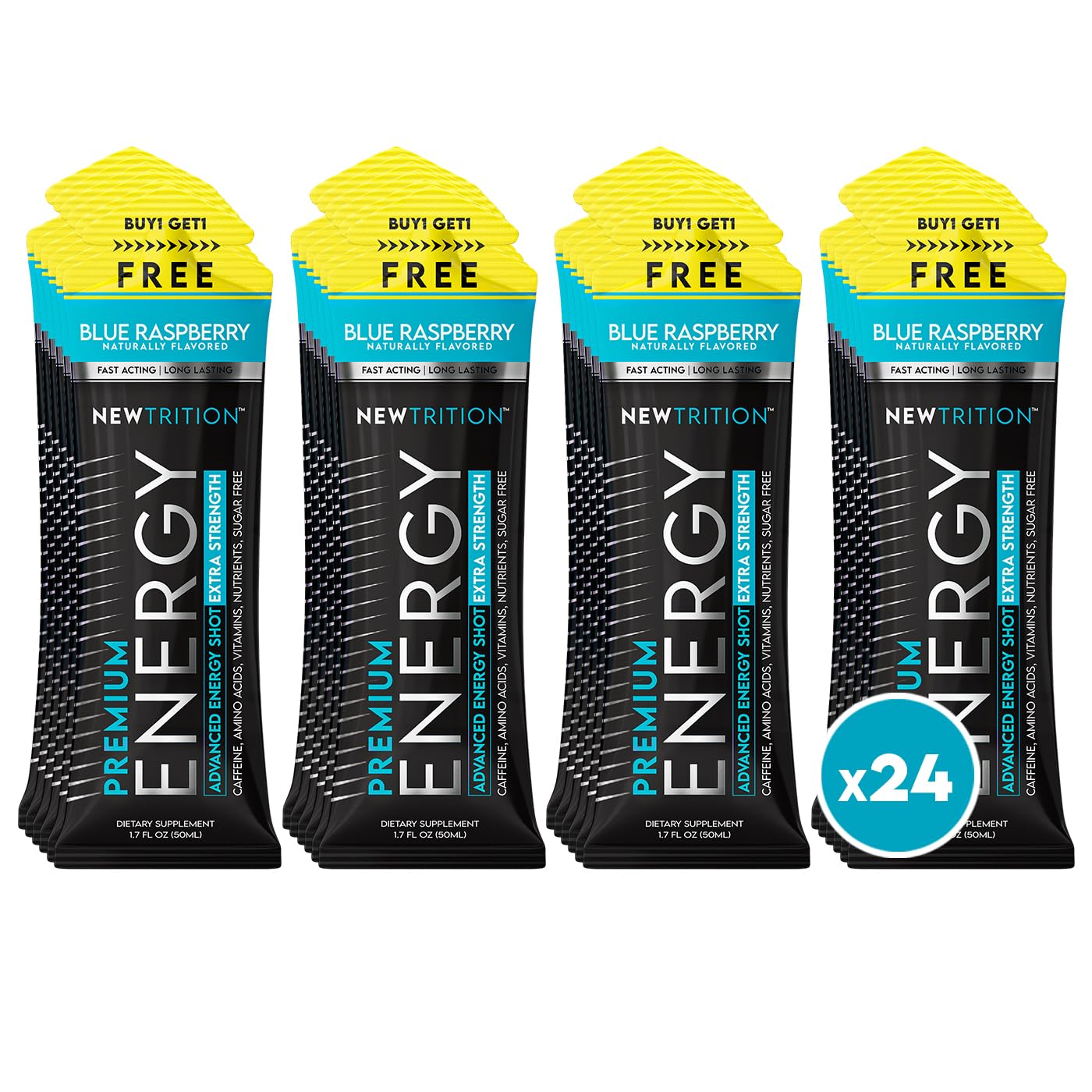NewTrition Extra Strength Energy Shot blue raspberry bottle boosts daytime focus.