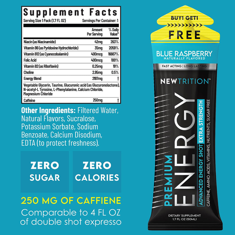NewTrition energy shot flavor variety packaging showcases flavors for on-the-go energy.