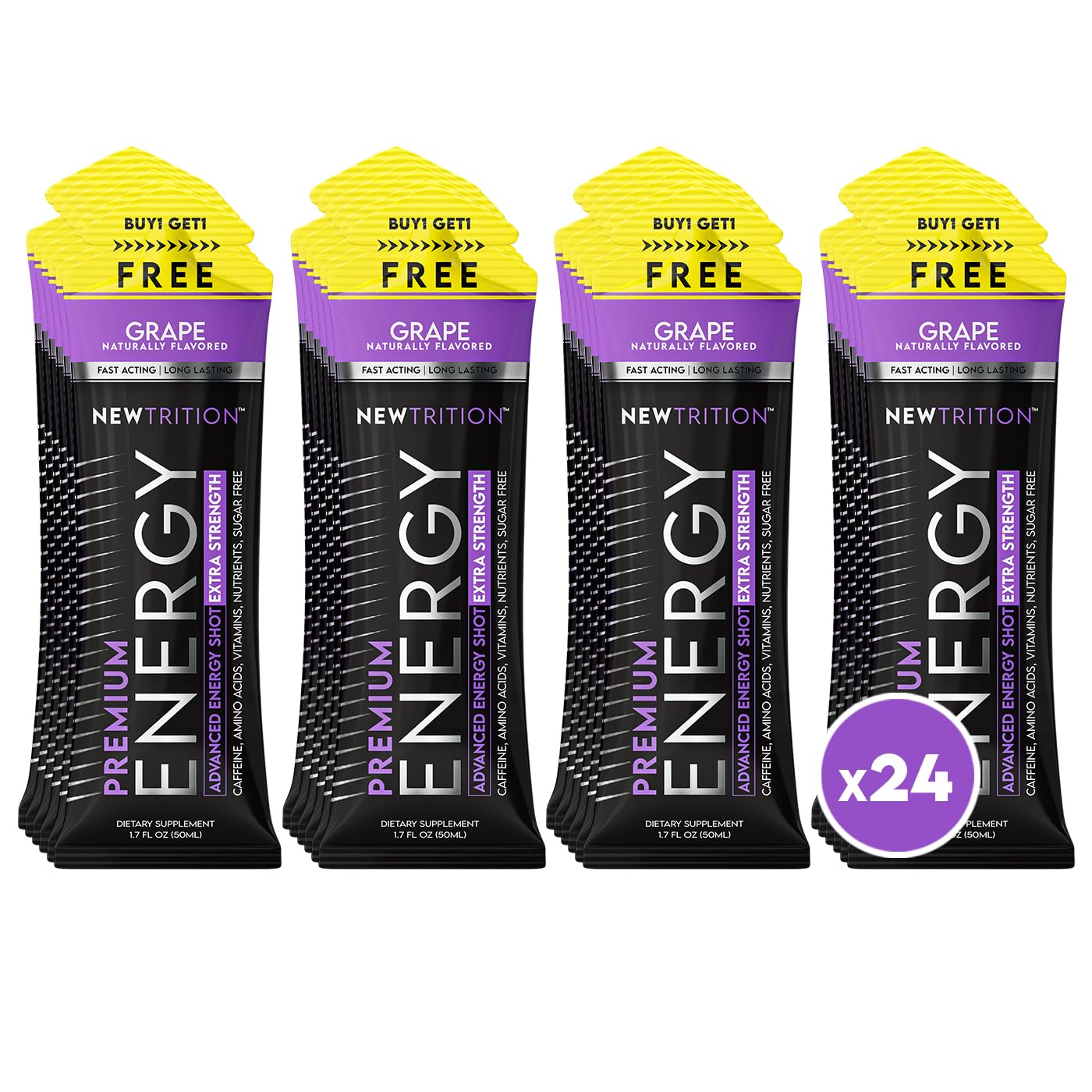 NewTrition extra strength grape energy shot bottle boosts focus and sustained energy.