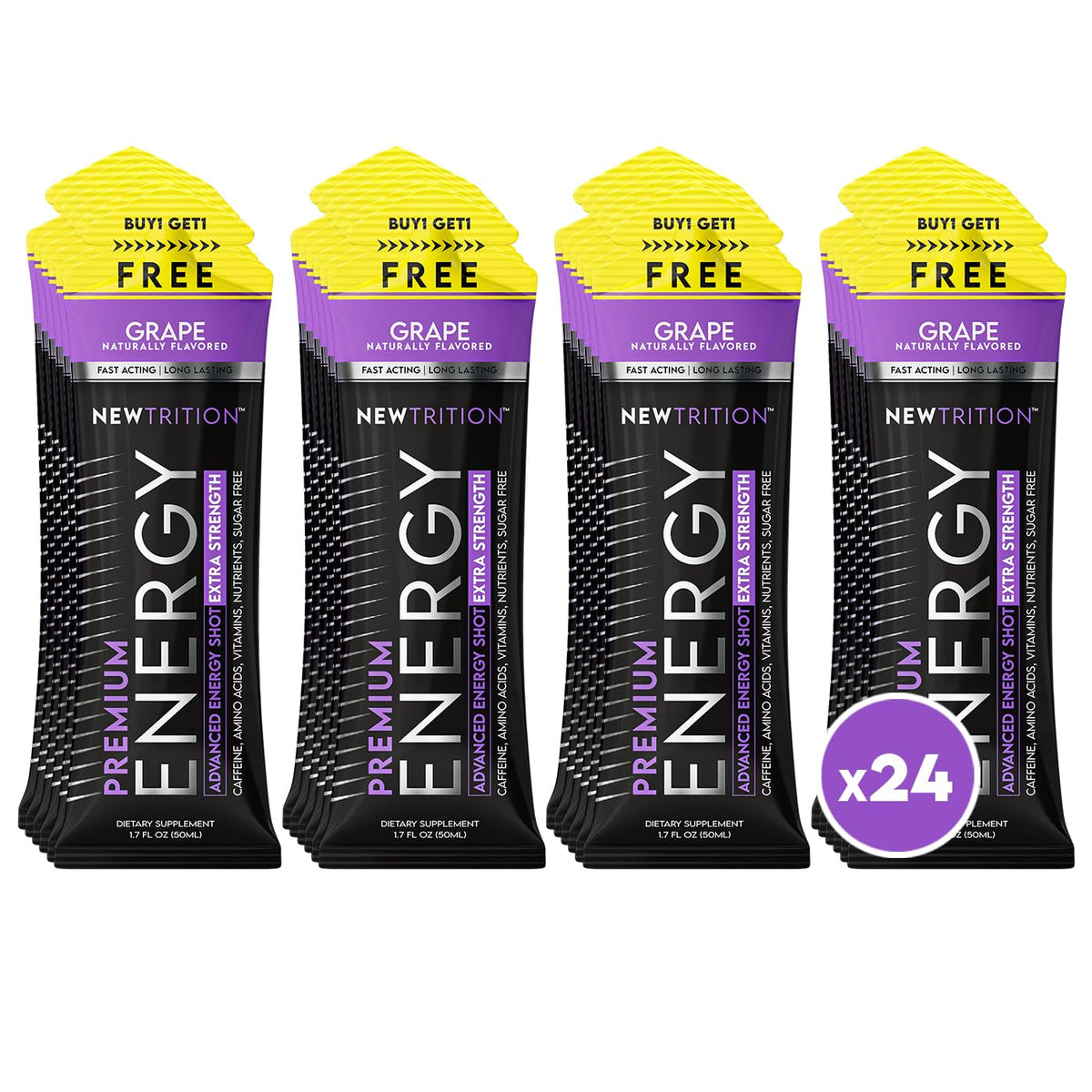 NewTrition extra strength grape energy shot bottle boosts focus and sustained energy.