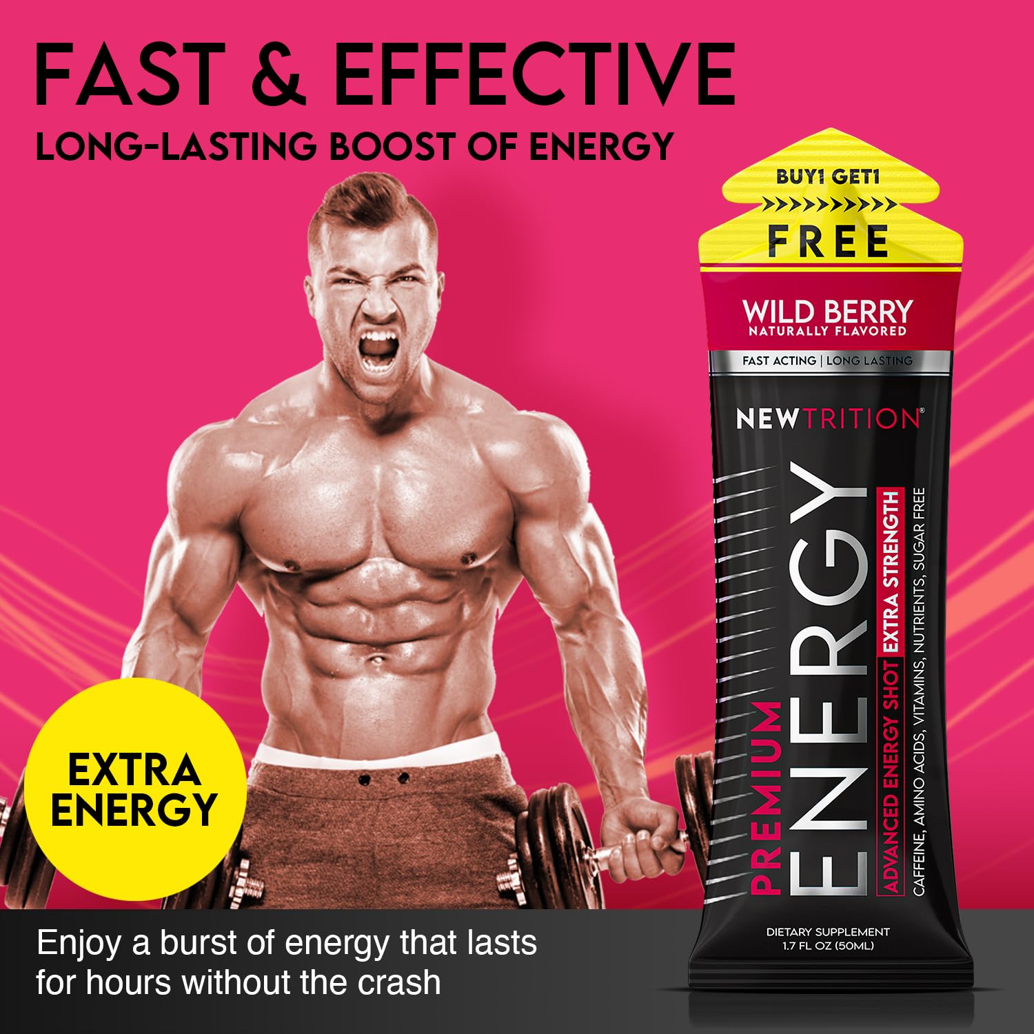 NewTrition grape energy shot bottle for quick workout focus.