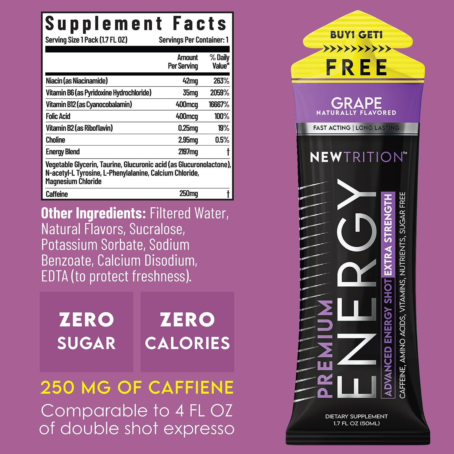 NewTrition grape energy shot label close-up highlights vitamin blend for daily energy.