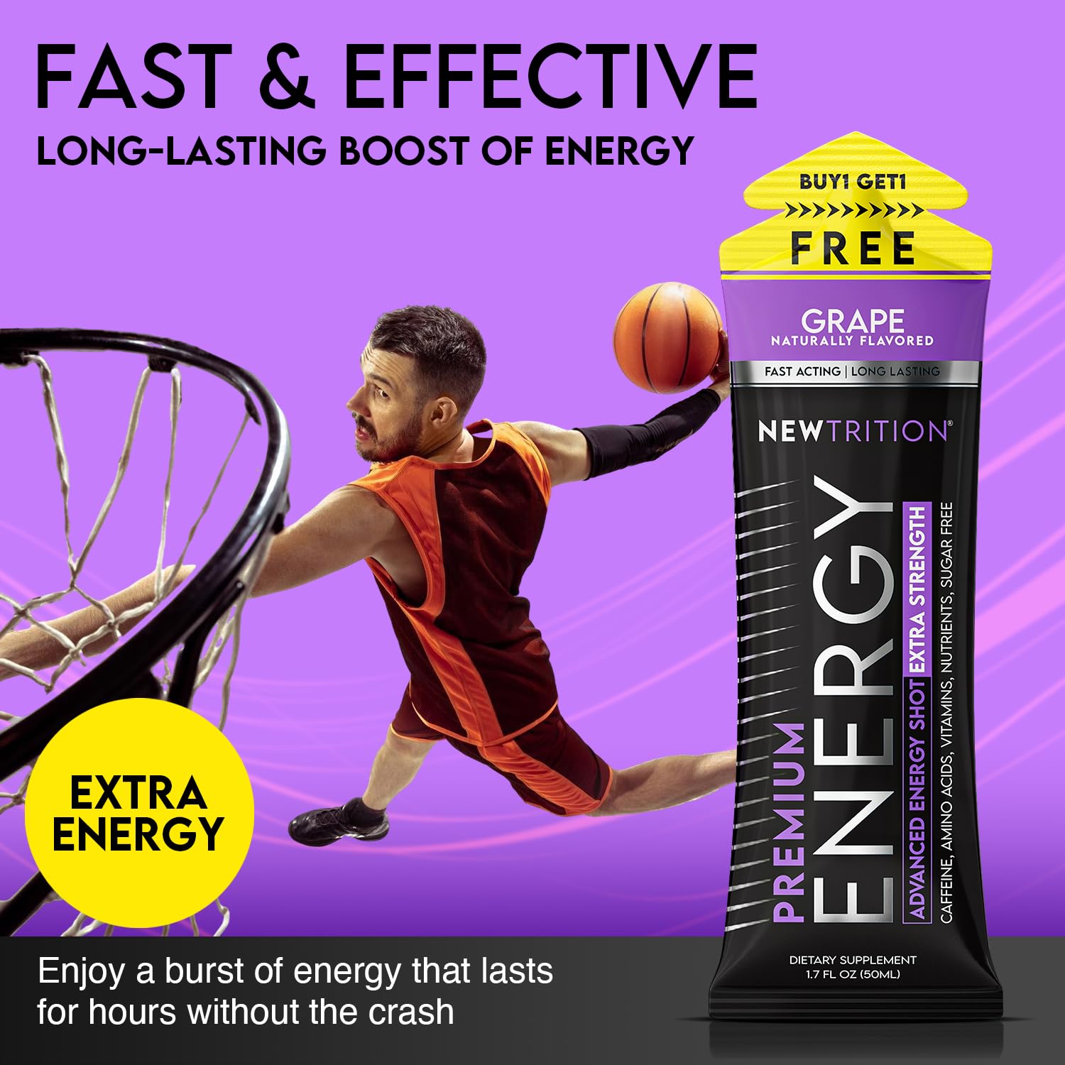 NewTrition grape energy shot packaging on shelf communicates zero sugar and zero calories.