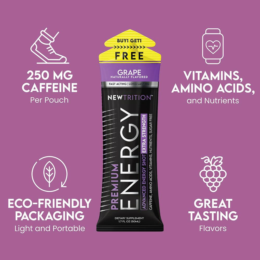 NewTrition grape energy shot poured into a glass shows fast energy on demand.