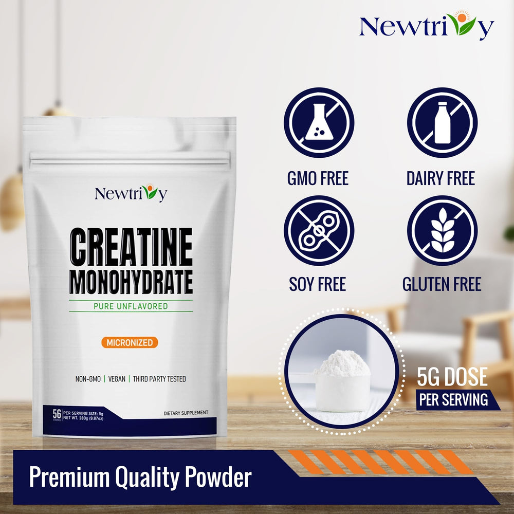 Newtrivy creatine bottle with glass and ice for hydrated use.
