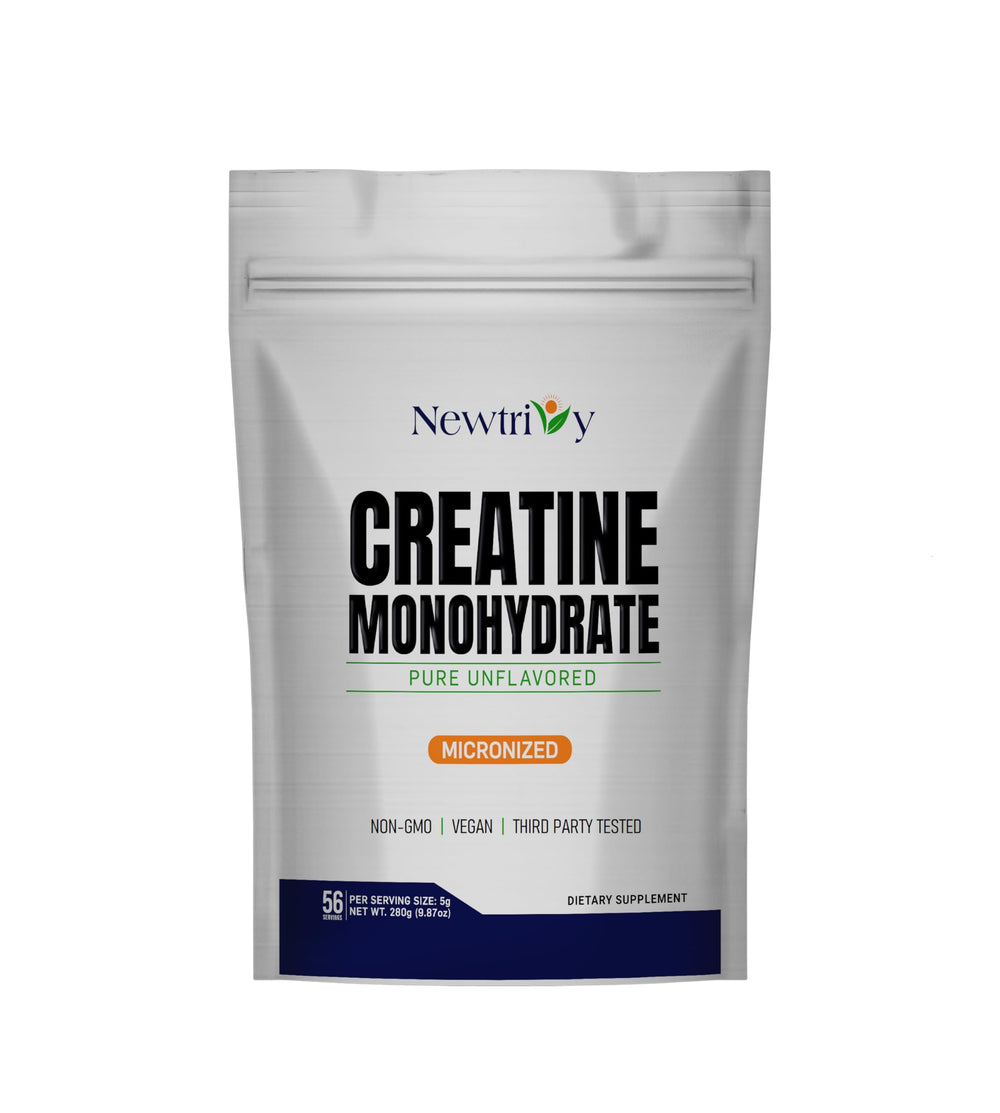 Newtrivy Creatine Monohydrate powder in a jar for clean strength support.