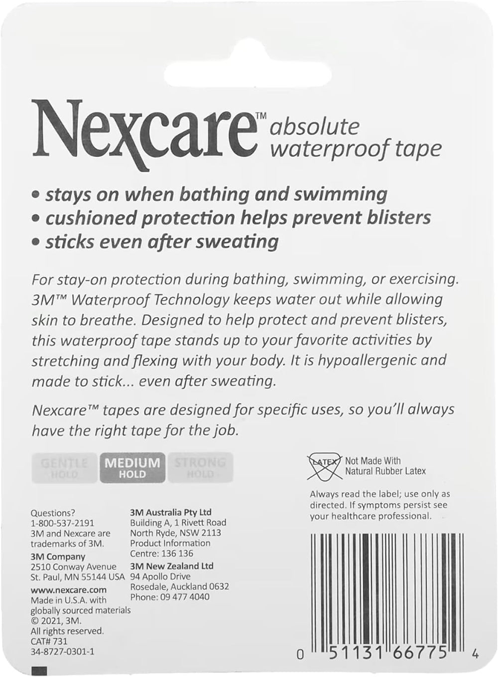 Nexcare Absolute Waterproof Tape latex-free and gentle on skin.
