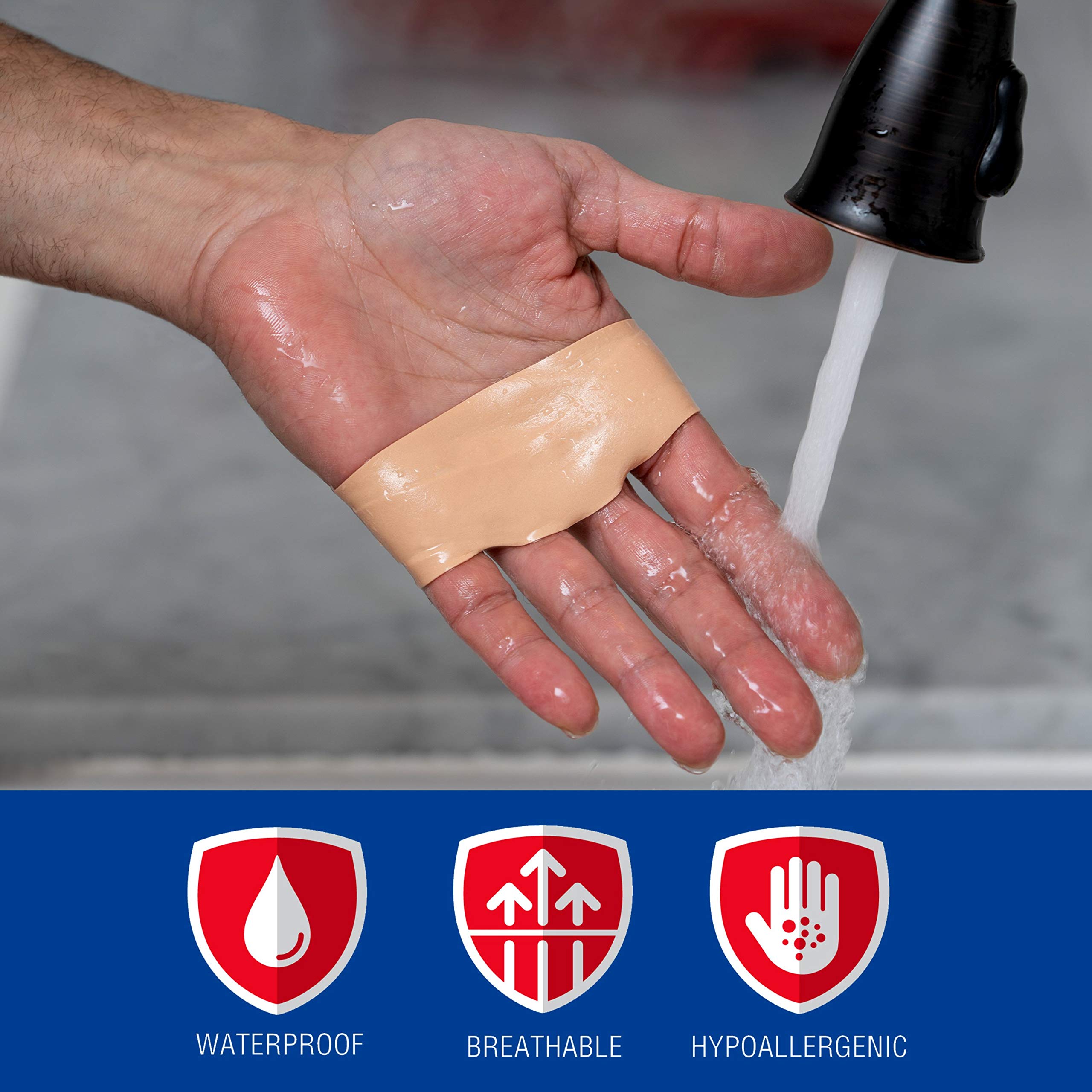 Close-up of Nexcare tape stretched over skin to conform to curves for a secure fit.