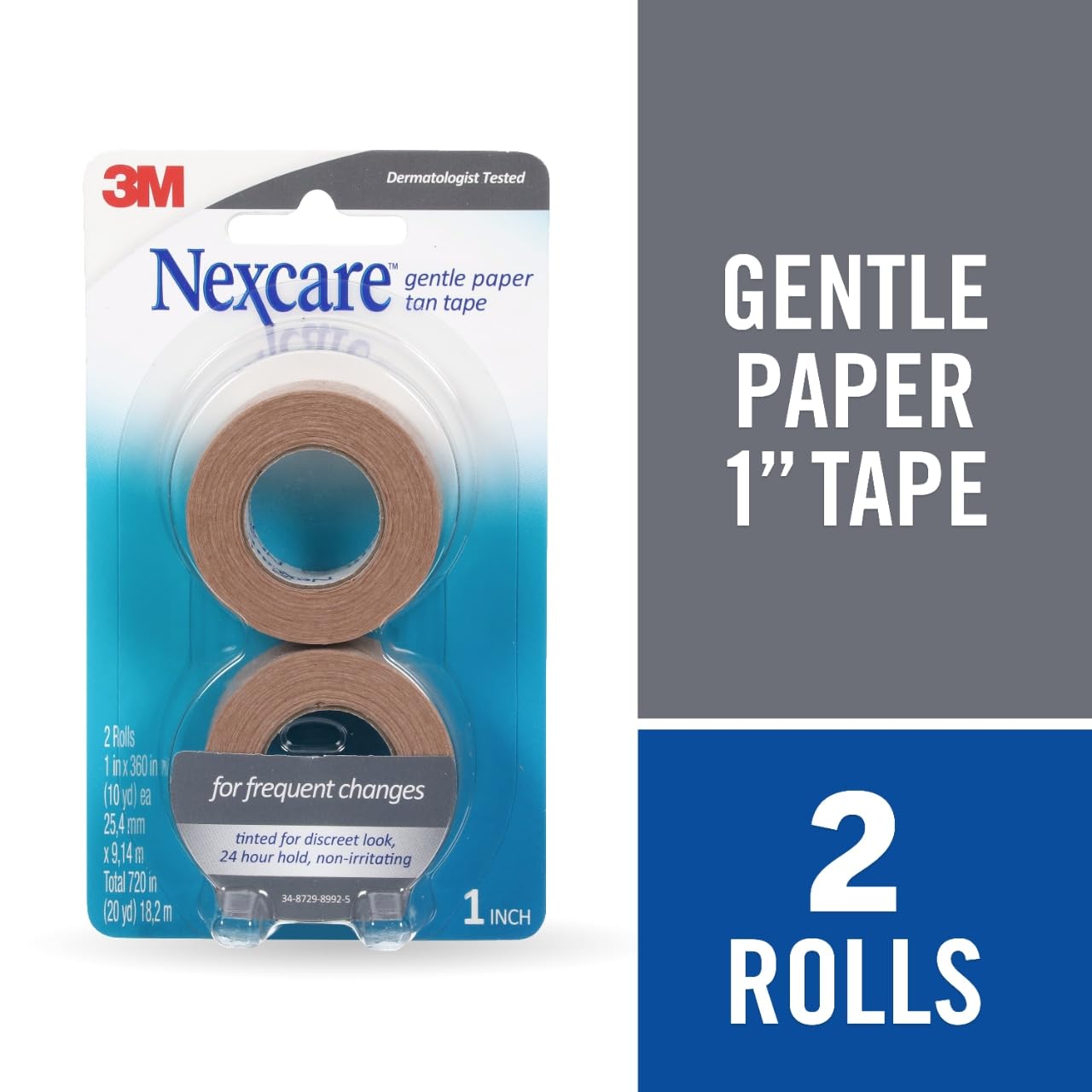 Dermatologist-tested Nexcare tape shown protecting skin during gauze changes.