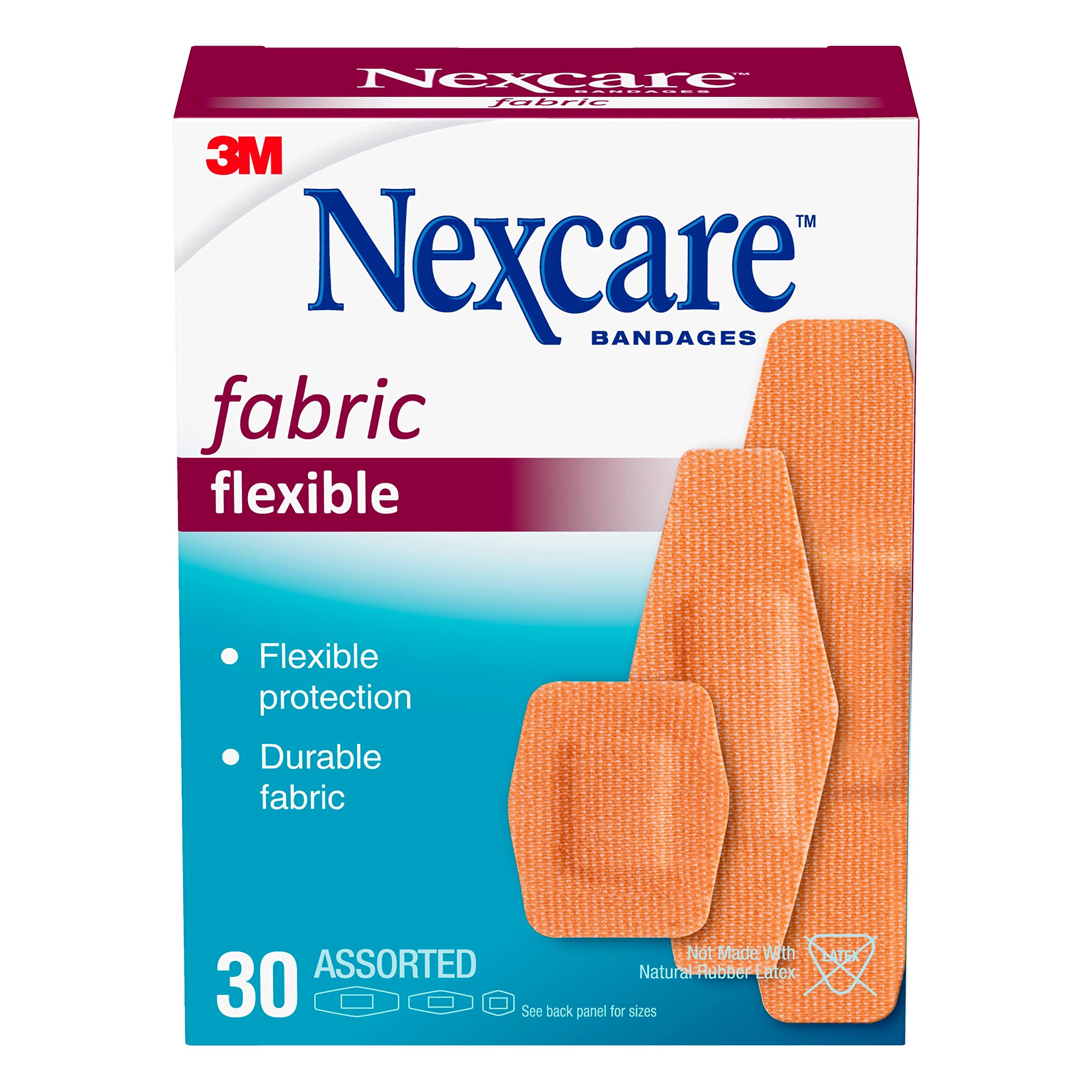 Nexcare heavy-duty flexible fabric bandages on knee for secure protection during activity.