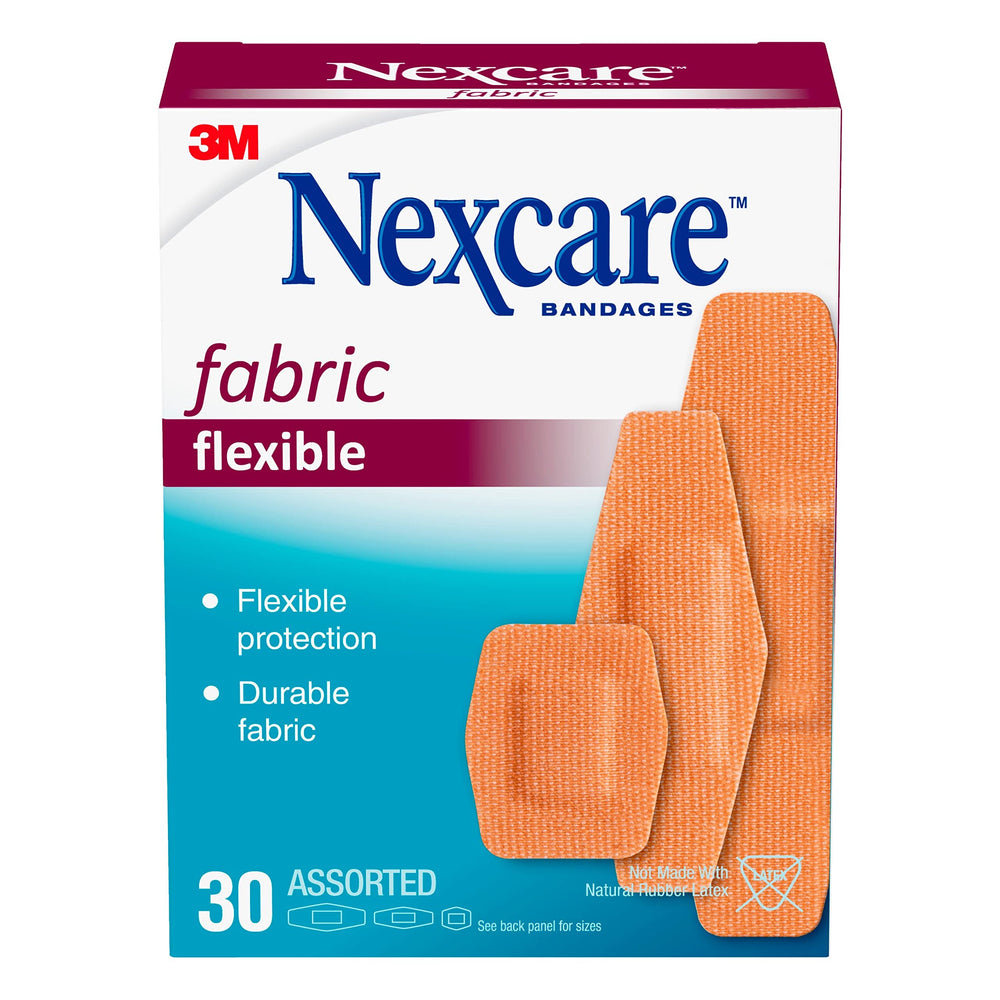 Nexcare heavy-duty flexible fabric bandages on knee for secure protection during activity.
