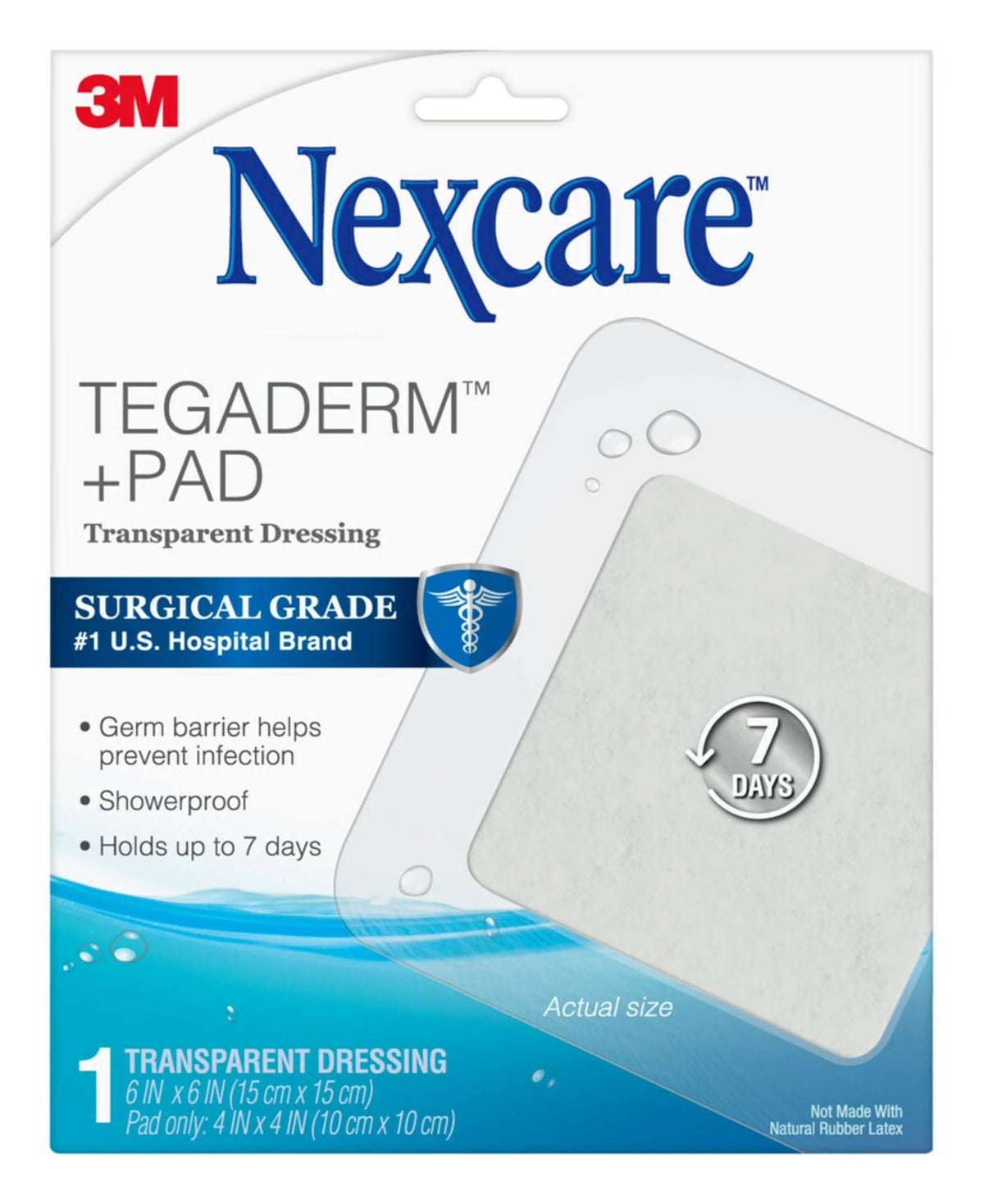 Nexcare Tegaderm + Pad transparent dressing in 6x6 inches covering a minor wound.