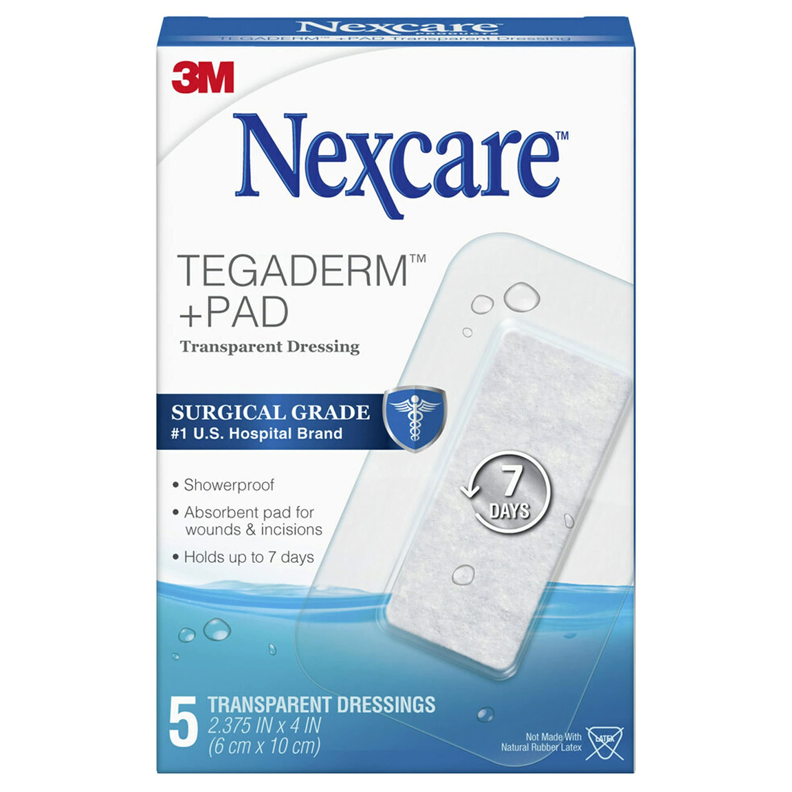 Nexcare Tegaderm + Pad vendaje transparente dorsal cubriendo la zona.