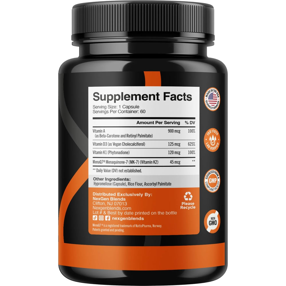 NexGen Blends ADK label showing vegan D3, K1, MK7, and Vitamin A.