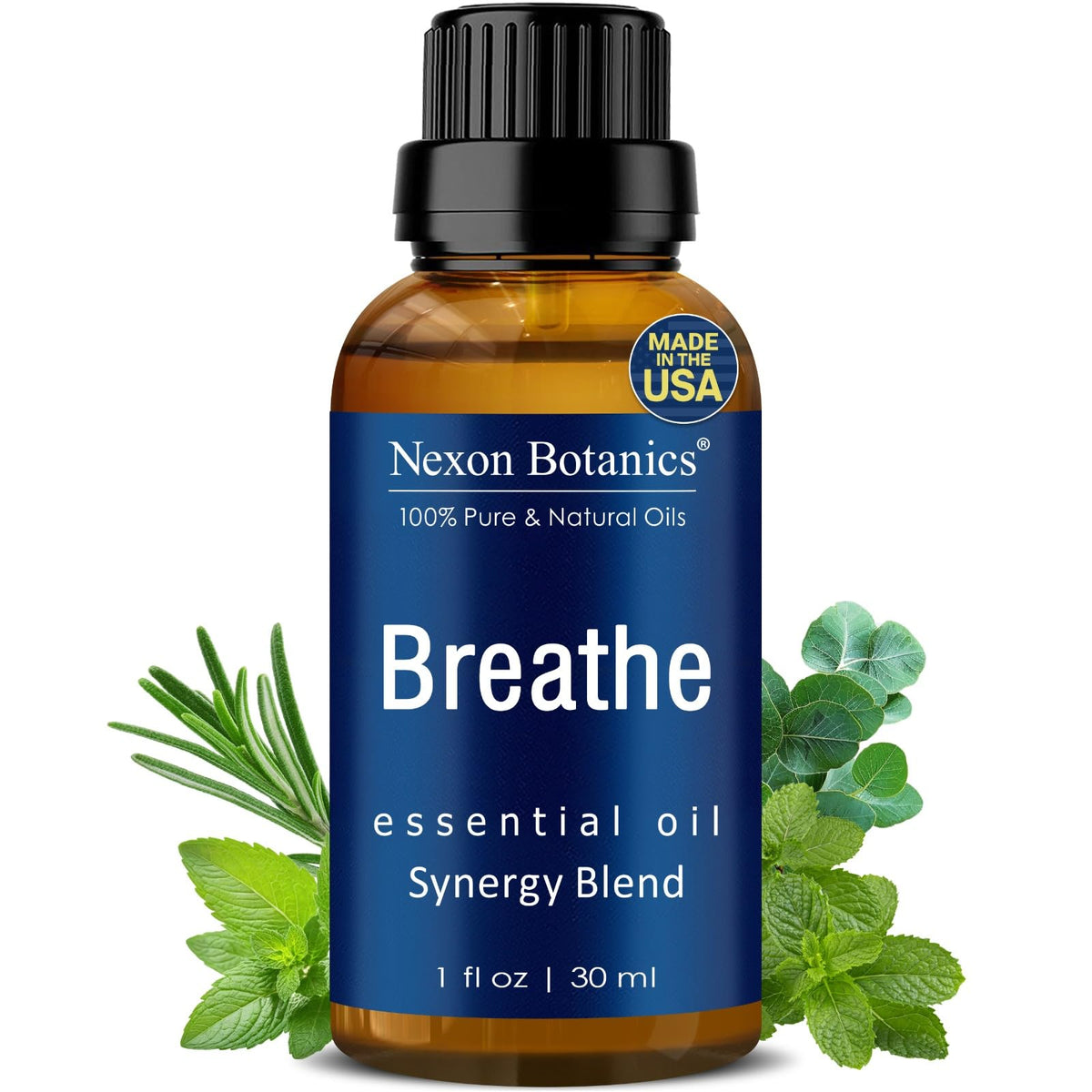 Nexon Botanics Breathe essential oil blend bottle with refreshing aroma for spaces.